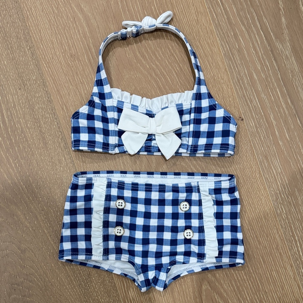 Janie & Jack Blue Gingham Bow Kids Two-Piece Swim Set 18-24m